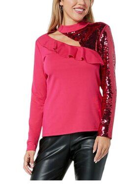 C Wonder by Christian Siriano Mock Neck Cutout Mixed Media Top Sugar Berry XS